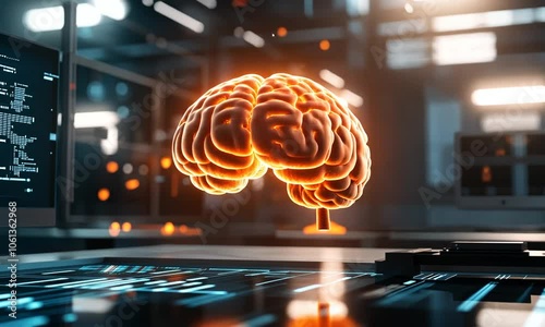 A digital brain floating in a futuristic tech environment.