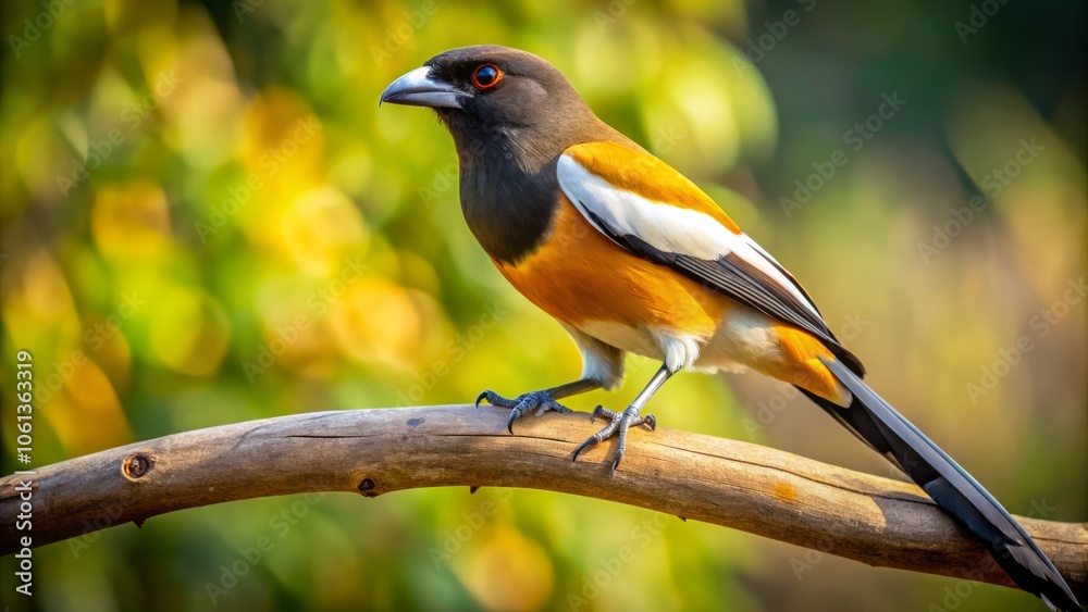 Fototapeta premium Candid Photography of a Single Rufous Treepie Dendrocitta vagabunda Perched on a Bare Branch in Natural Habitat, Capturing the Essence of Wildlife and Birdwatching