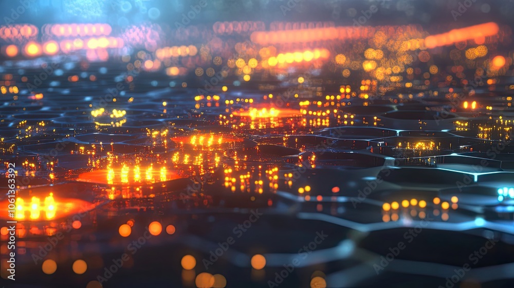 Abstract Cityscape with Glowing Lights and Hexagonal Patterns Abstract Cityscape with Glowing Lights and Hexagonal Patterns