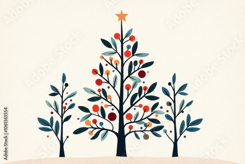 Minimalist Christmas trees with ornaments in abstract style, festive holiday decoration with natural elements