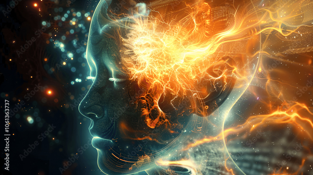 Dreamy cosmic transhuman face in a swirling galaxy, blending light and energy in a psychedelic pattern of glowing colors and fractal designs. Dreamy cosmic transhuman face in a swirling galaxy, blending light and energy in a psychedelic pattern of glowing colors and fractal designs.