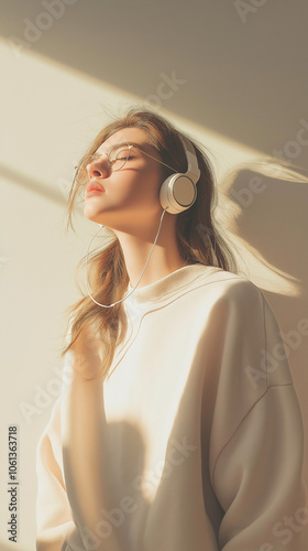 portrait of a girl, person listening to music, portrait of a woman, woman listening to music with headphones, carefree, peaceful atmosphere