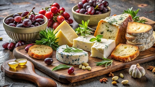 A Rustic Wooden Board Adorned with an Array of Cheeses, Grapes, and Toasted Bread, Offering a Delicious Culinary Experience