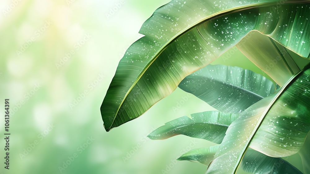 Obraz premium Banana leaves with rain drops, green background