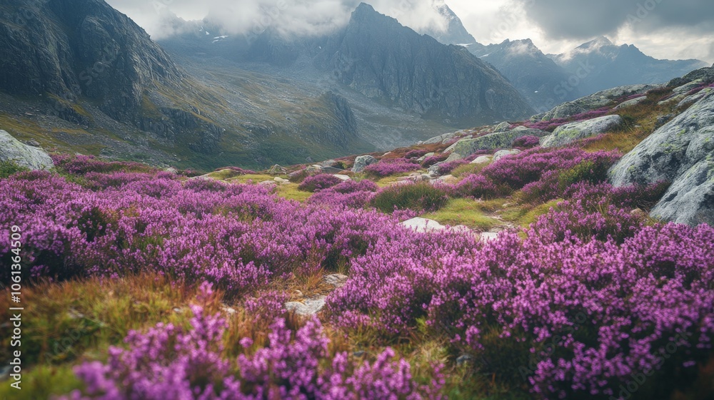A remote mountain valley filled with purple heather in bloom, with rugged peaks in the background and soft clouds hanging low A remote mountain valley filled with purple heather in bloom, with rugged peaks in the background and soft clouds hanging low