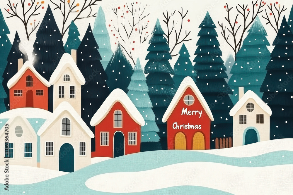 Cozy Christmas Village with Snow-Covered Houses and Festive Trees in Winter Wonderland