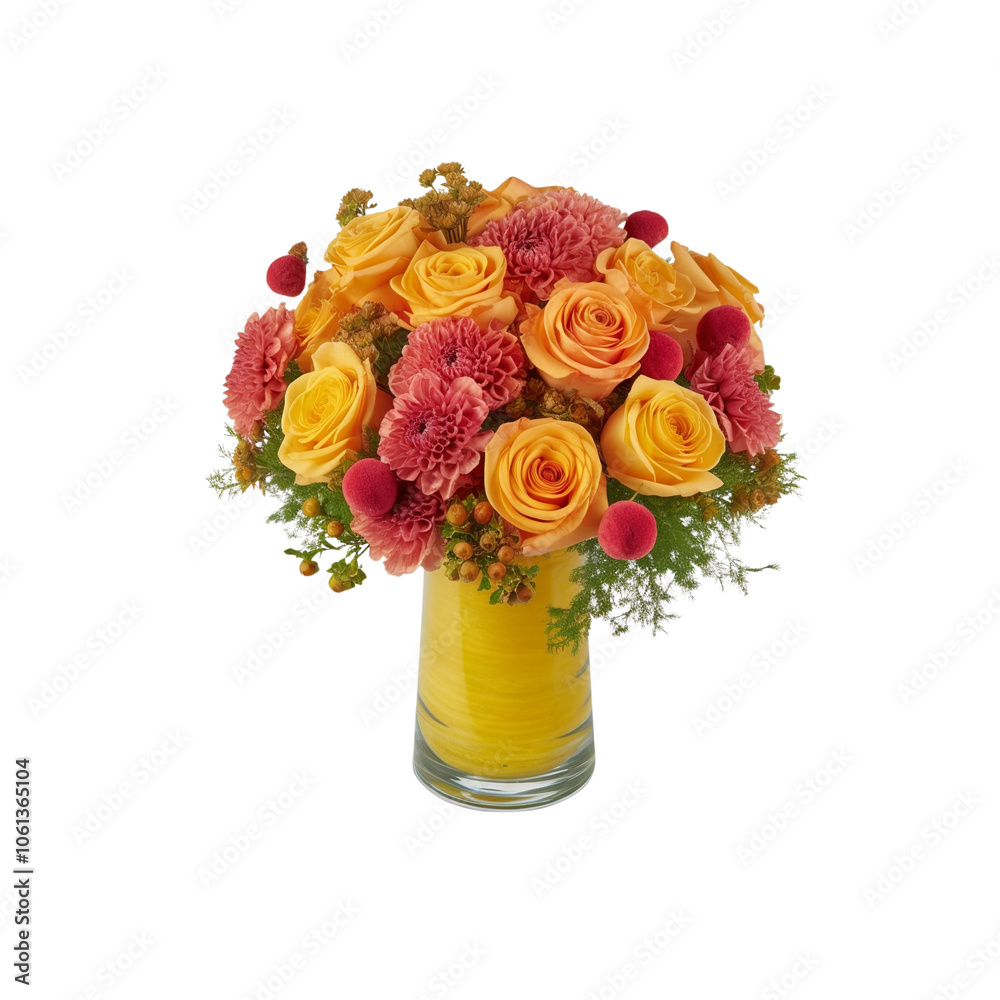 Obraz premium Yellow and Orange Roses in a Yellow Vase
