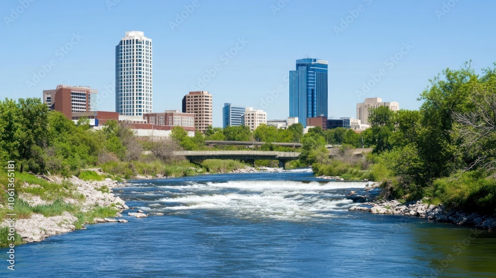 Fototapeta premium Scenic view of a river with city skyline in the background on a clear day.