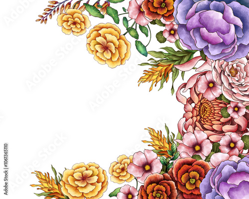 Illustration Colorful Floral Border Frame Background for Banner, Wedding Card, Card Template. Isolated on White Background