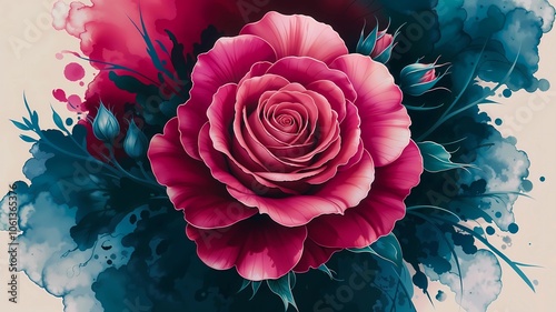 Illustration of a scarlet red rose with petals fading into deep pink, set against dark green and teal fluid, abstract ink effect.