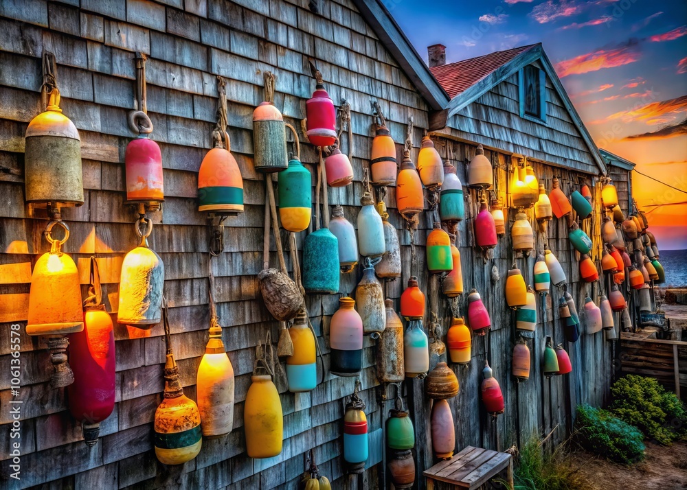 Fototapeta premium Charming Fishing Buoys Decor on Cape Cod Building at Night - Low Light Photography, Coastal Decor, Massachusetts, Nautical Theme, Artistic, Rustic, Colorful, Travel Photography