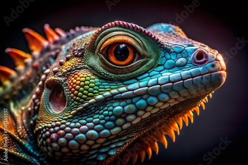 Closeup of a Lizard's Head in Night Photography, Capturing Intricate Details and Textures Against a Dark Background