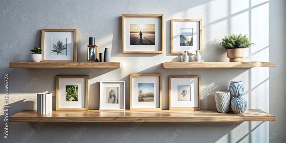 A minimalist interior design featuring two wooden shelves adorned with various framed artwork, potted plants, and decorative vases, bathed in warm natural light. A minimalist interior design featuring two wooden shelves adorned with various framed artwork, potted plants, and decorative vases, bathed in warm natural light.