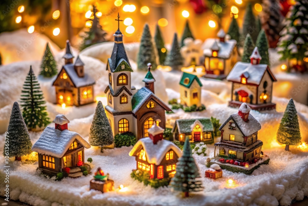 Naklejka premium Charming miniature village scene on cotton batting, perfect for holiday displays. Captivating buildings and delightful decorations create a festive atmosphere for your seasonal decor.