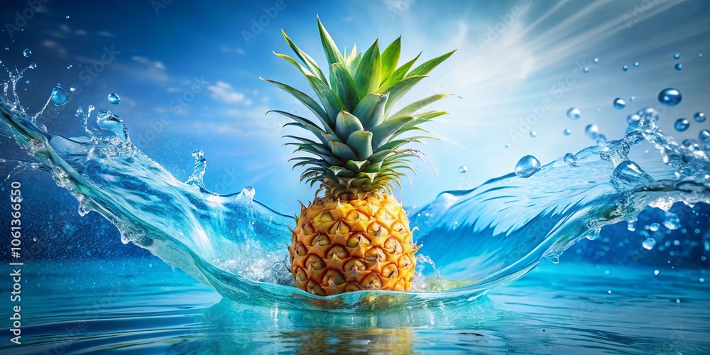 A vibrant pineapple bursts through the surface of a crystalline blue body of water, creating a captivating splash of pure refreshment. A vibrant pineapple bursts through the surface of a crystalline blue body of water, creating a captivating splash of pure refreshment.