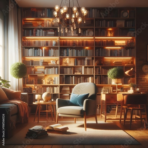 A warm and cozy home library setup with shelves filled with books, a comfortable chair, and soft lighting, perfect for relaxation and reading