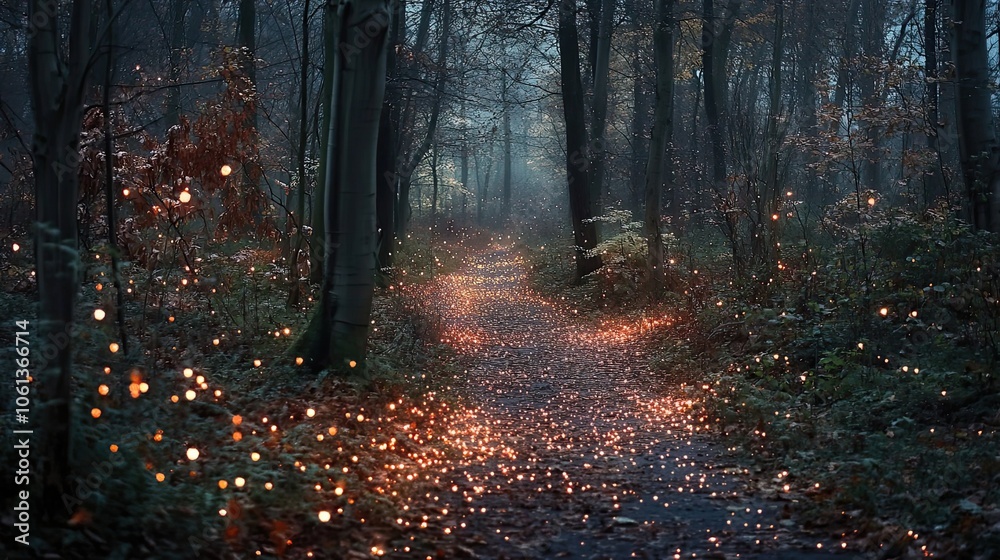 Obraz premium A Mystical Forest Path Lit by Fairy Lights