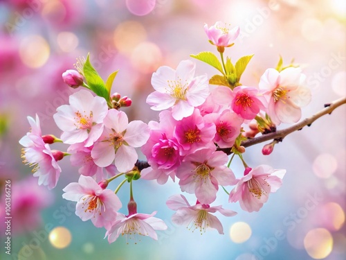 Close-up of Cherry Blossom Branch on White Background with Bokeh Effect, Capturing the Delicate Beauty of Flowers in Spring, Perfect for Nature Lovers and Floral Aesthetics