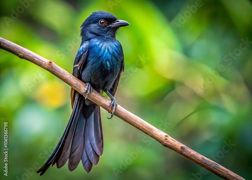 Close-Up of a Black Drongo (Dicrurus macrocercus) Perched on a Tree Branch - Stunning Wildlife Photography photo