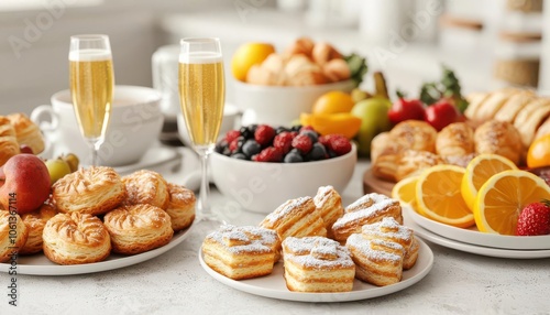 A Thanksgiving brunch spread with pastries, fruit, coffee, and mimosas, set in a sunny kitchen, Thanksgiving brunch, bright and casual holiday meal