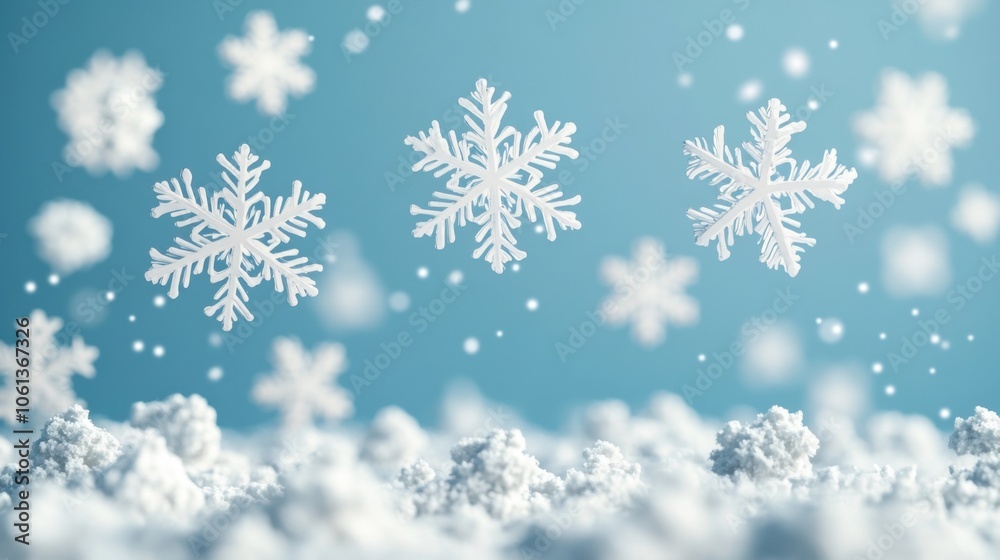 Snow flakes falling from the sky onto a blue background