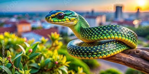 Closeup of a Spotted Bush Snake in Urban Greenery - Nature Photography, Wildlife, Serpent, Reptile, Philothamnus semivariegatus, Close-Up, Urban Exploration, Macro Photography photo