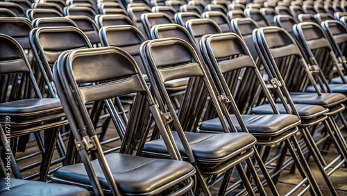 Close-up of Neatly Stacked Black Folding Chairs in Storage, Showcasing Order and Organization in a Minimalist Style