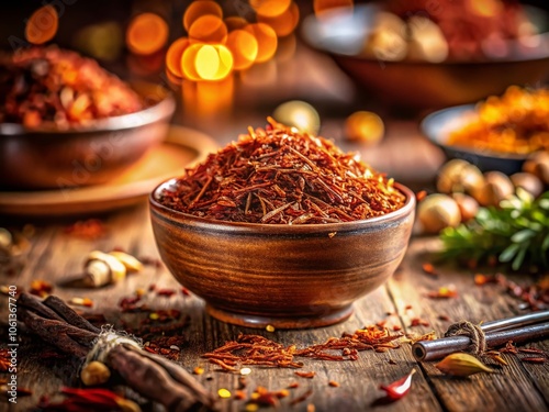 Close-Up of Organic Rooibos Tea in a Bowl with Natural Background - Vibrant Red Tea Leaves, Herbal Benefits, and Rustic Aesthetic for Food Photography Enthusiasts
