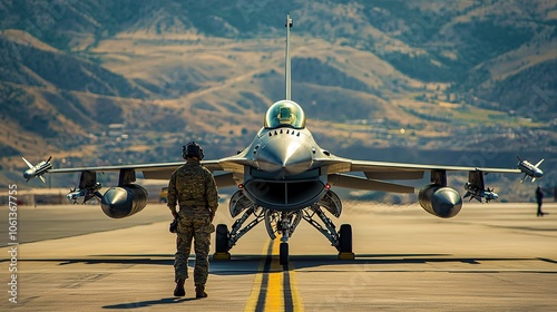 Powerful fighter jet is parked on the airport tarmac, showcasing its imposing presence, Pilot preparing to board a high-speed interceptor jet HD Quality 