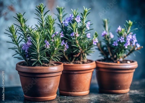 Close-Up of Rosemary Plants with Purple Flowers in Terracotta Pots - Minimalist Nature Aesthetic for Home Decor and Gardening Inspiration