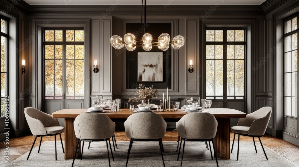 Dining room with west elm style furniture. Large wood rectangle table with chairs around the table Dining room with west elm style furniture. Large wood rectangle table with chairs around the table