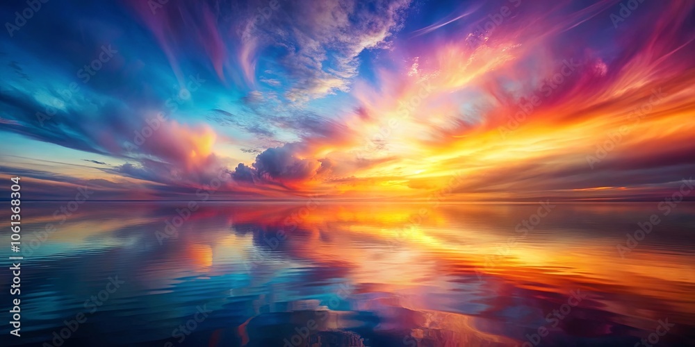 Fototapeta premium A Symphony of Colors as the Sun Dips Below the Horizon, Reflecting in the Still Waters