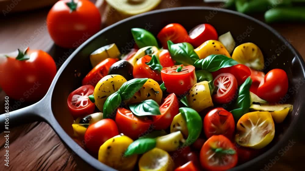 Fresh Tomato and Basil Sautéed Vegetables in a Pan. Featuring Rustic Mediterranean Cuisine Fresh Tomato and Basil Sautéed Vegetables in a Pan. Featuring Rustic Mediterranean Cuisine