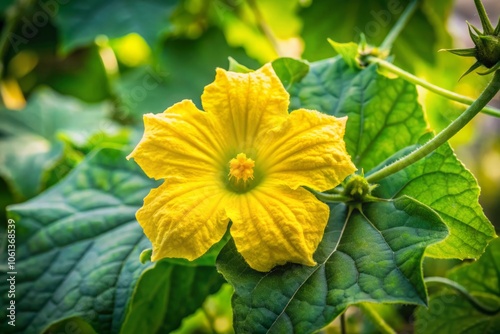 Close-up Portrait of Vibrant Yellow Sponge Gourd Flower with Green Leaves - Luffa aegyptiaca, Egyptian Cucumber, Selective Focus on Nature's Beauty photo