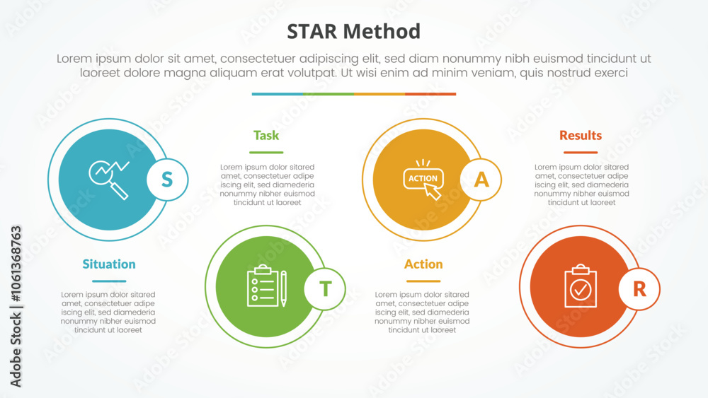 STAR method infographic concept for slide presentation with big circle on horizontal line up and down with 4 point list with flat style STAR method infographic concept for slide presentation with big circle on horizontal line up and down with 4 point list with flat style