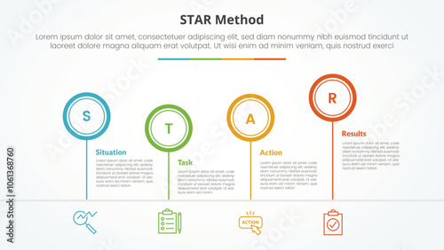 STAR method infographic concept for slide presentation with outline circle timeline up and down with 4 point list with flat style