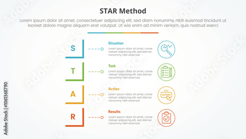 STAR method infographic concept for slide presentation with modified square shape vertical stack with 4 point list with flat style