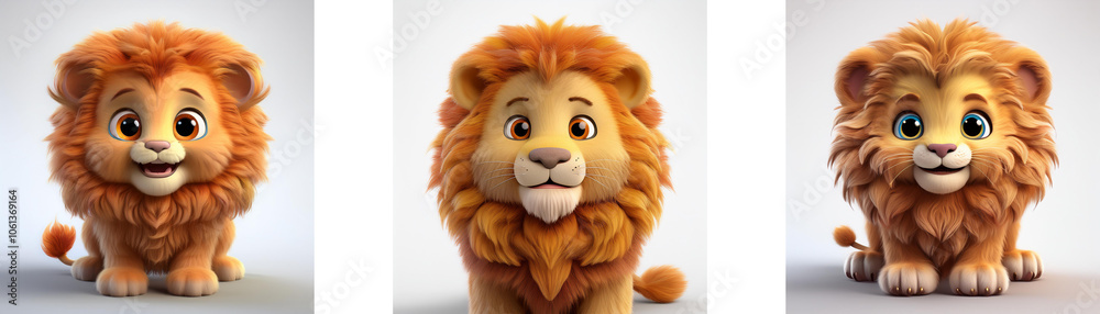 Three cartoon lion cubs with brown fur and large blue eyes in different poses isolated on white background. Three cartoon lion cubs with brown fur and large blue eyes in different poses isolated on white background.