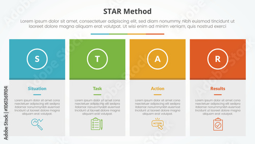 STAR method infographic concept for slide presentation with big box table and colorfull header with 4 point list with flat style