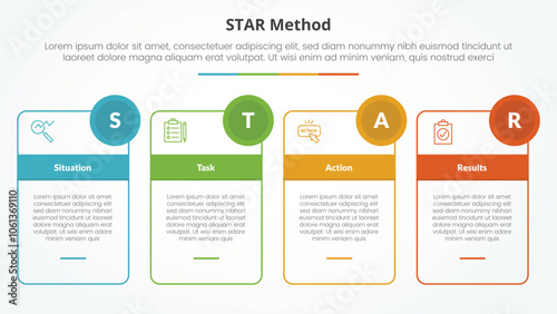 STAR method infographic concept for slide presentation with outline box table and circle badge with 4 point list with flat style