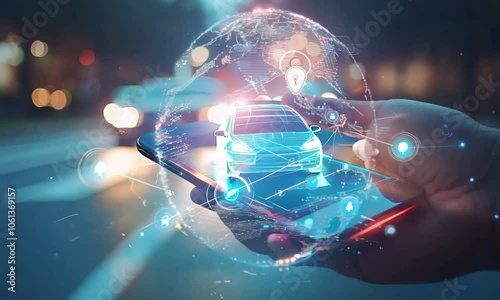 Car with pin and phone in hands. Auto tech, Parking application, Car sharing, Uber service, Mobile navigation technologies, Share ride, City taxi, Parking search, Map location, Rideshare concept.