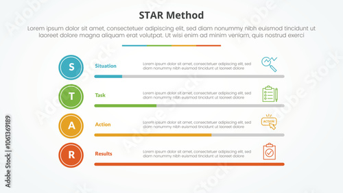 STAR method infographic concept for slide presentation with horizontal bar percentage with 4 point list with flat style