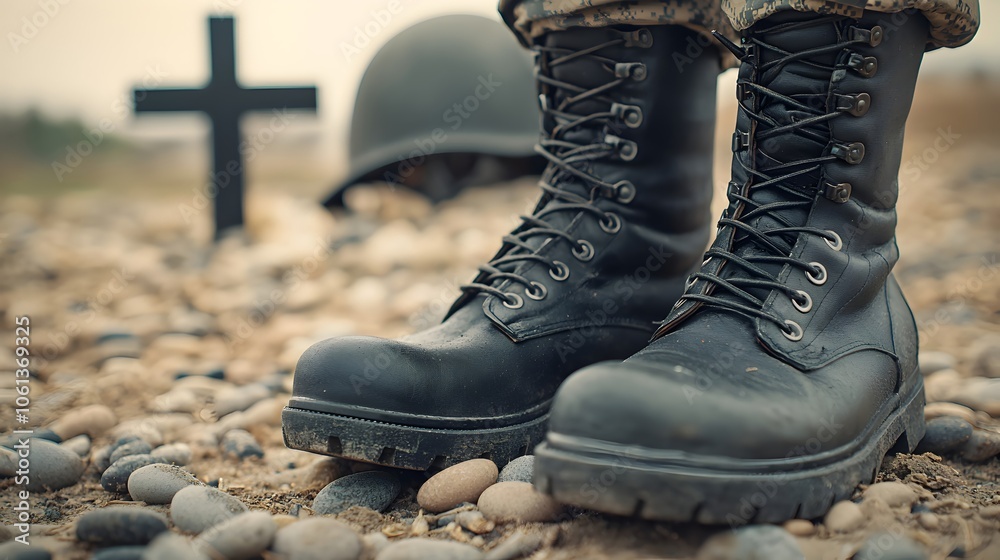 Military Boots on Pebble Ground with Cross and Helmet Military Boots on Pebble Ground with Cross and Helmet
