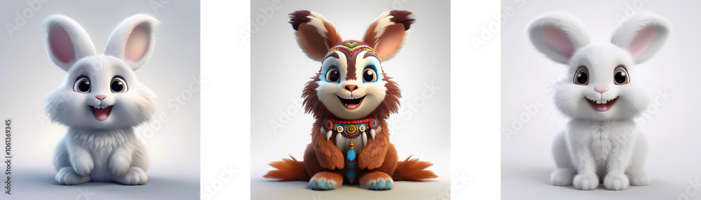 Three cartoon bunnies in different variations, sitting upright with happy expressions, isolated on white background. Three cartoon bunnies in different variations, sitting upright with happy expressions, isolated on white background.