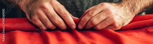 Hands Working with Red Fabric photo