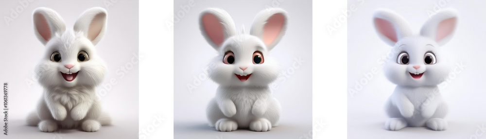 Fototapeta premium Three white cartoon bunnies with pink noses and large eyes are sitting up and smiling, isolated on white background.