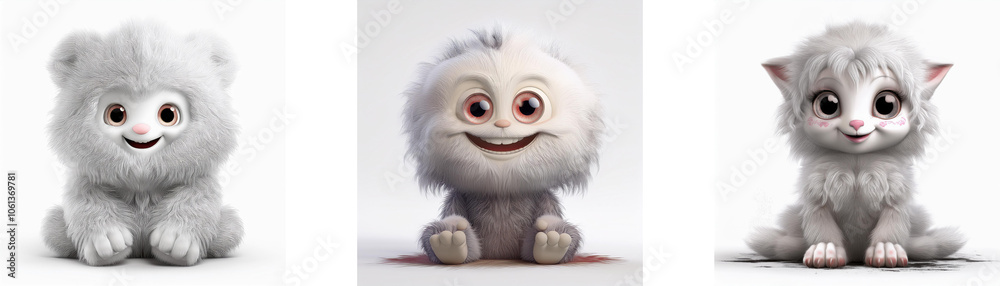 Three furry, cartoon animals are sitting on the ground, looking directly at the viewer and smiling. They are all white and have large, dark eyes. Isolated on white background. Three furry, cartoon animals are sitting on the ground, looking directly at the viewer and smiling. They are all white and have large, dark eyes. Isolated on white background.