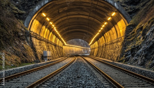 A railway tunnel illuminated with warm lights, leading into a scenic landscape with tracks curving inside.