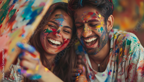 Indian Realistic Couple painting a canvas together their hands and faces smudged with colors full Generative AI