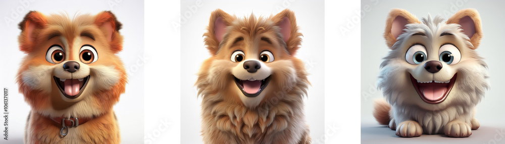Three cartoon dogs of different colors are looking at the camera with smiling expressions and sticking out their tongues. They are isolated on white background. Three cartoon dogs of different colors are looking at the camera with smiling expressions and sticking out their tongues. They are isolated on white background.